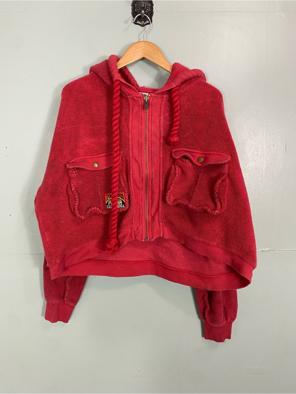 Free People So Lush Bright Red Cropped Hooded Zip-Up Sweatshirt